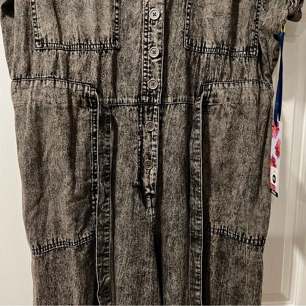 NWT G. Kale Women PXL Faded Black Denim Button-Down Jumpsuit 100% Cotton Pockets